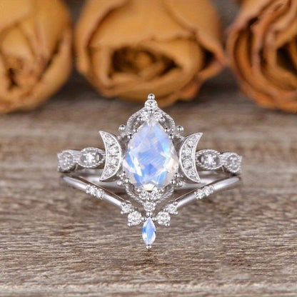 Unique Moonstone Engagement Ring Set