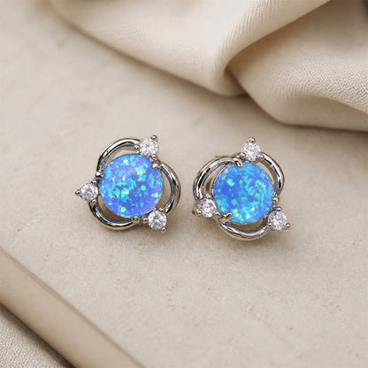 Round Opal Silver Stud Earrings
