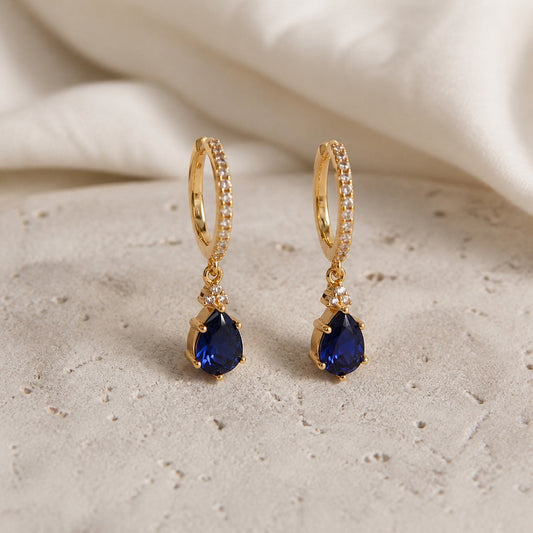 Gold Sapphire Stone Hoop Earrings