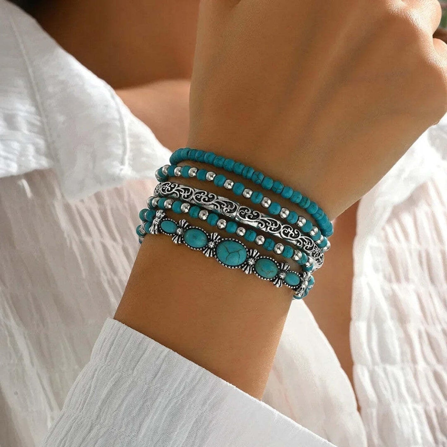 Turquoise Beaded Boho Bracelet Set