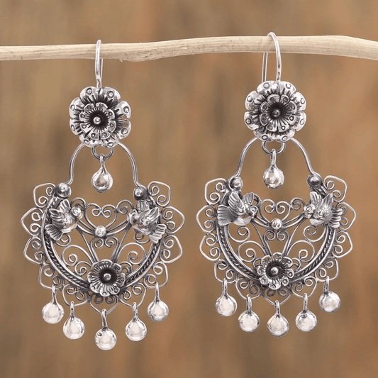 Retro Floral Bird Tassel Earrings