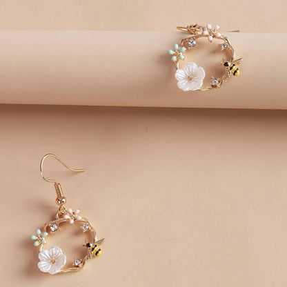 Bee Flower Gold Drop Earrings