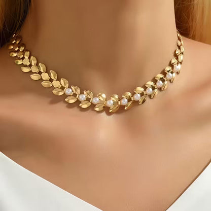 Pearl Leaf Link Collar Necklace