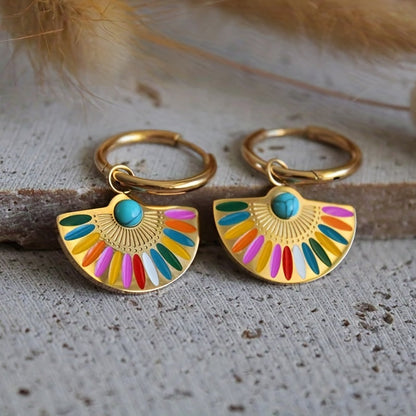 Fan Shape Colorful Enamel Hoop Earrings