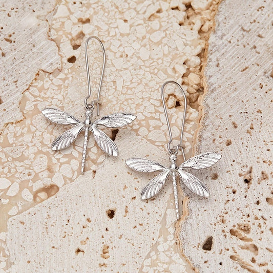 Silver Dragonfly Minimalist Drop Earrings