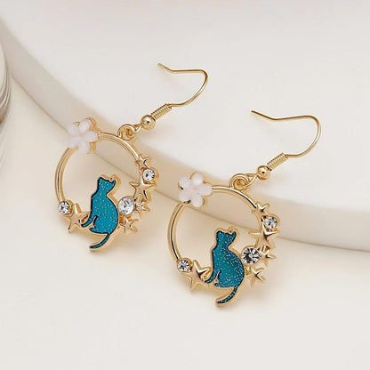 Flower Cat and Star Dangle Earrings