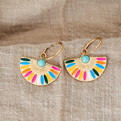 Fan Shape Colorful Enamel Hoop Earrings