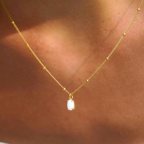 Gold Beaded Necklace with Opal Pendant