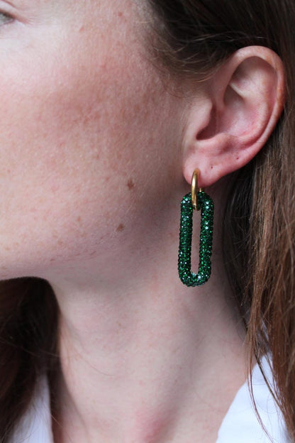 Pave Rectangle Link Hoop Earrings