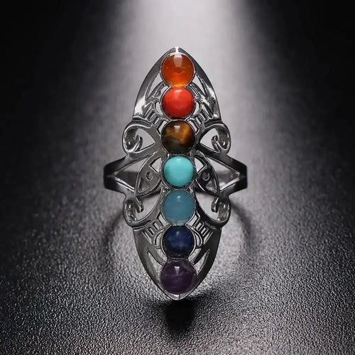 Chakra Seven Stone Adjustable Silver Ring