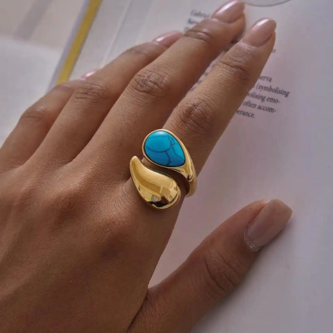 Adjustable Gold Turquoise Tear Stone Ring