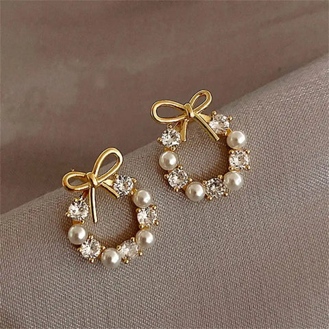Bow Pearl Circle Stud Earrings