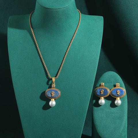 Antique Lapis Lazuli Cameo Necklace Earrings Set