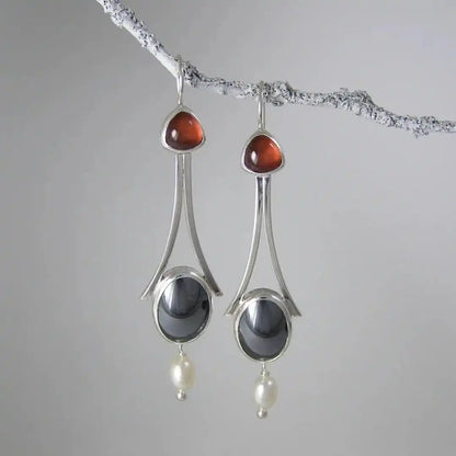 Silver Tri-Stone Pearl Drop Earrings