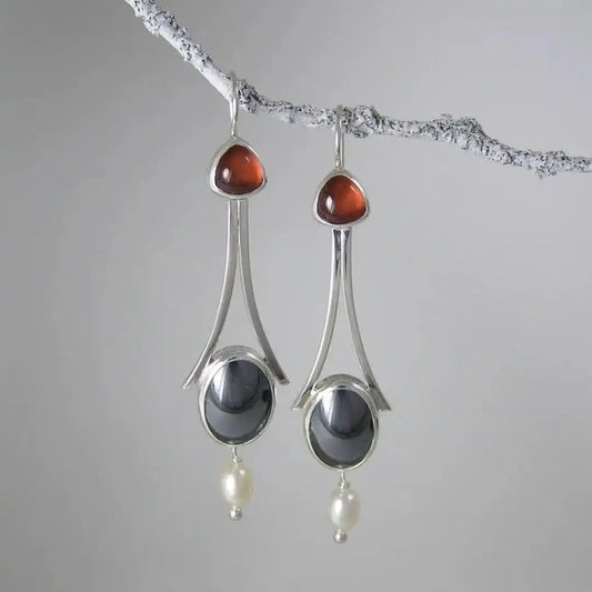Silver Tri-Stone Pearl Drop Earrings