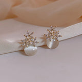 Floral Opal Pearl Drop Stud Earrings