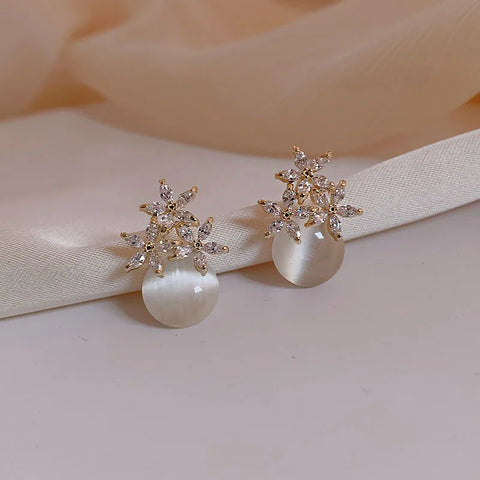 Floral Opal Pearl Drop Stud Earrings