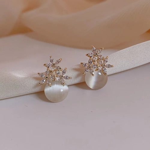 Floral Opal Pearl Drop Stud Earrings