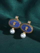 Antique Lapis Lazuli Cameo Necklace Earrings Set