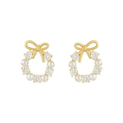 Bow Pearl Circle Stud Earrings