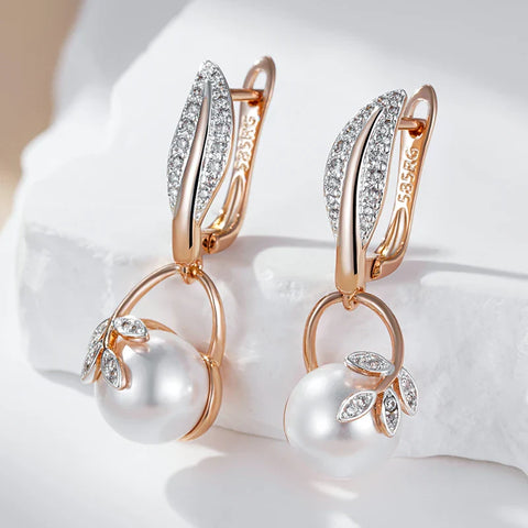 Crystal Leaf Pearl Dangle Earrings