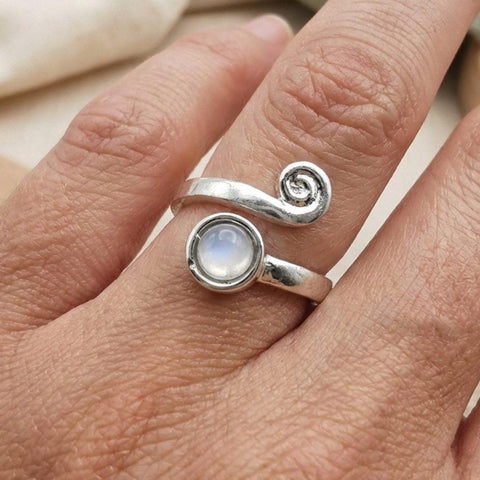 Adjustable Silver Spiral Moonstone Ring