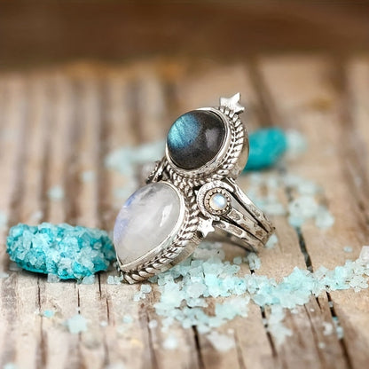 Celestial Moonstone Labradorite Silver Ring