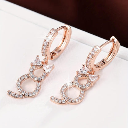 Crystal Cat Dangle Hoop Earrings