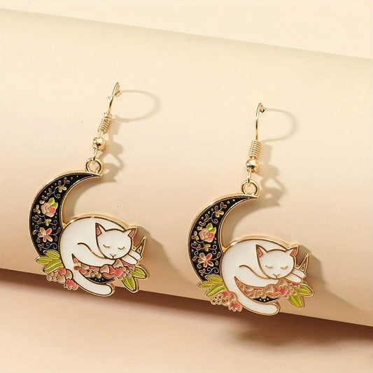 Sleeping Cat Moon Dangle Earrings