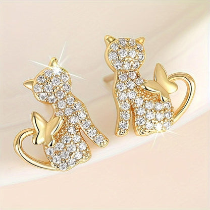 Golden Cat Zirconia Butterfly Stud Earrings