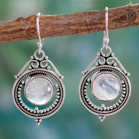 Rustic Silver Moonstone Halo Earrings