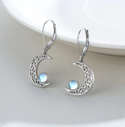 Celestial Silver Moonstone Crescent Earrings