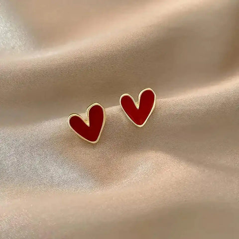 Antique Red Heart Gold Earrings