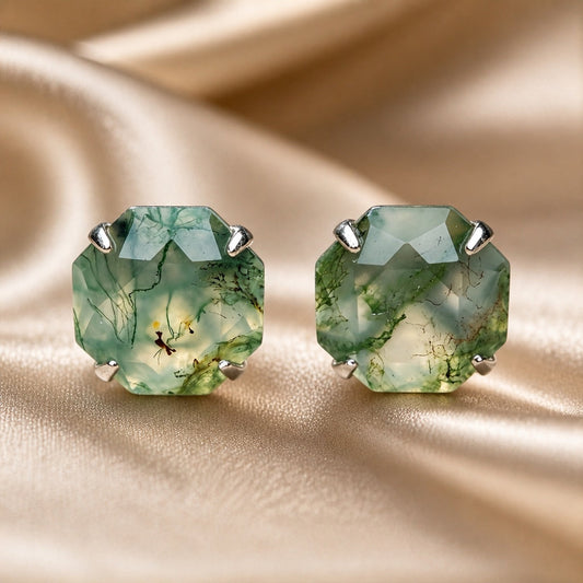 Moss Agate Octagonal Stud Earrings