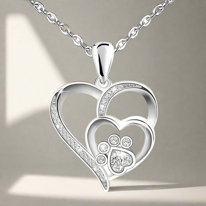 Silver Paw Heart Zirconia Necklace