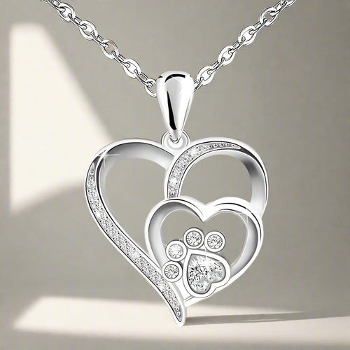 Silver Paw Heart Zirconia Necklace