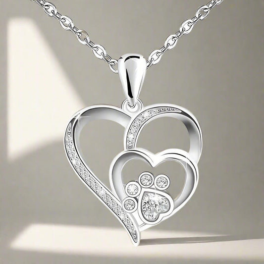 Silver Paw Heart Zirconia Necklace